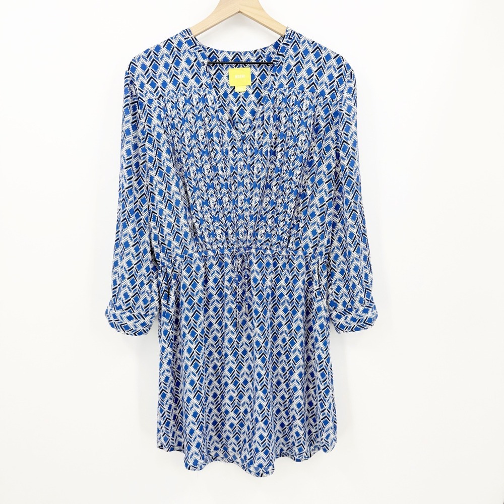 Maeve Anthropologie Blue Geometric Diamond Pintuck Drawstring Mini Dress Large